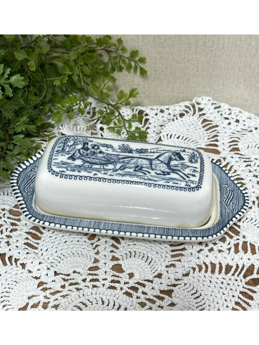 Royal China CURRIER IVES PATTERN 2 pc Butter Dish MADE IN USA 7 Inch READ